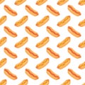 Hot dogs with sausage, tomato ketchup and mustard sauce seamless pattern. Pattern hot dogs on colored background. Royalty Free Stock Photo