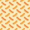 Hot dogs with sausage, tomato ketchup and mustard sauce seamless pattern. Pattern hot dogs on colored background. Royalty Free Stock Photo
