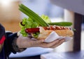 Hot dogs with tomato, pickles, onions in a hand on the street Royalty Free Stock Photo