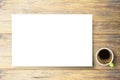 Hot drink - Blank white paper and coffee cup on brown old wood Royalty Free Stock Photo