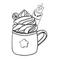 Hot drink chocolate cup with whipped cream and Christmas marshmallow snowman, chocolate candies. Graphics vector