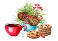 Hot drink and cookies with chocolate and green plant isolated white background. Watercolor sweet illustration, postcard