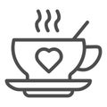 Hot drink cup and heart line icon. Mug with love shape on saucer symbol, outline style pictogram on white background Royalty Free Stock Photo