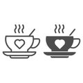 Hot drink cup and heart line and solid icon. Mug with love shape on saucer symbol, outline style pictogram on white Royalty Free Stock Photo
