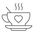 Hot drink cup and heart thin line icon. Mug with love shape on saucer symbol, outline style pictogram on white Royalty Free Stock Photo
