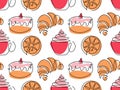 Hot drink cup, lemon, baking Seamless pattern. Lineart vector illustration with delicious sweets for tea. Doodle coffee