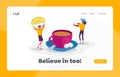 Hot Drink Landing Page Template. Tiny Female Characters Drinking Hot Beverage in Cold Season. Women Put Lemon Slice
