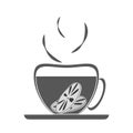 Hot drink with lemon in cup. Lemon tea for colds. Black silhouette on white background. Vector drawing.