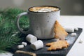 Hot Drink with Marshmallow and Christmas Cookies, Mug of Cocoa or Coffee Beverage Royalty Free Stock Photo