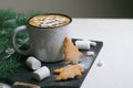 Hot Drink with Marshmallow and Christmas Cookies, Mug of Cocoa or Coffee Beverage Royalty Free Stock Photo