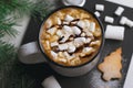 Hot Drink with Marshmallow and Christmas Cookies, Mug of Cocoa or Coffee Beverage Royalty Free Stock Photo