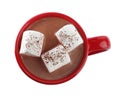 Hot drink with marshmallows in red cup isolated on white, top view Royalty Free Stock Photo
