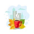Hot drink mug is on autumn urban view background