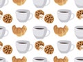 Hot drink mug, croissant, chocolate chip cookies seamless pattern. Coffee and sweets template for coffee shop Royalty Free Stock Photo