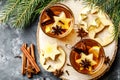 Hot drink, mulled cider or spiced tea or mulled white wine Royalty Free Stock Photo