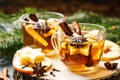 Hot drink, mulled cider or spiced tea or mulled white wine Royalty Free Stock Photo