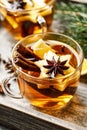 Hot drink, mulled cider or spiced tea or mulled white wine Royalty Free Stock Photo