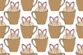 Hot drink seamles pattern. Coffee shop collection. Cups of coffee with sweets and spices. Textile and packaging design.