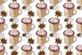 Hot drink seamles pattern. Coffee shop collection. Cups of coffee with sweets and spices. Textile and packaging design.