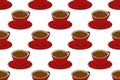 Hot drink seamles pattern. Coffee shop collection. Cups of coffee with sweets and spices. Textile and packaging design.