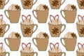 Hot drink seamles pattern. Coffee shop collection. Cups of coffee with sweets and spices. Textile and packaging design.