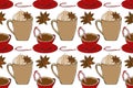 Hot drink seamles pattern. Coffee shop collection. Cups of coffee with sweets and spices. Textile and packaging design.