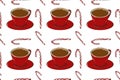 Hot drink seamles pattern. Coffee shop collection. Cups of coffee with sweets and spices. Textile and packaging design.