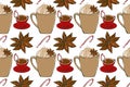 Hot drink seamles pattern. Coffee shop collection. Cups of coffee with sweets and spices. Textile and packaging design.