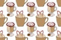 Hot drink seamles pattern. Coffee shop collection. Cups of coffee with sweets and spices. Textile and packaging design.