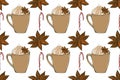 Hot drink seamles pattern. Coffee shop collection. Cups of coffee with sweets and spices. Textile and packaging design.