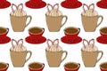 Hot drink seamles pattern. Coffee shop collection. Cups of coffee with sweets and spices. Textile and packaging design.