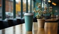 Hot drink on table inside coffee shop, close up of coffee cup generated by AI Royalty Free Stock Photo