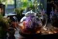 Healthy drink water tea hot flowers teapot herbal green health background