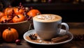 Hot drink on wooden table, autumn decoration generated by AI Royalty Free Stock Photo