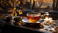 Hot drink on wooden table in autumn forest generated by AI Royalty Free Stock Photo