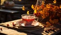 A hot drink on a wooden table in autumn generated by AI Royalty Free Stock Photo
