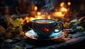 Hot drink on a wooden table, autumn leaf in background generated by AI Royalty Free Stock Photo