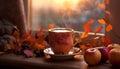Hot drink on wooden table, autumn leaves background generated by AI Royalty Free Stock Photo