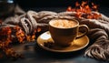 Hot drink on wooden table, autumn leaves in background generated by AI Royalty Free Stock Photo