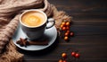 Hot drink on wooden table, autumn leaves, cozy and comforting generated by AI Royalty Free Stock Photo