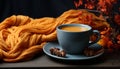 Hot drink on wooden table, autumn leaves, cozy and comforting generated by AI Royalty Free Stock Photo