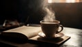 Hot drink on wooden table, perfect relaxation generated by AI