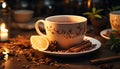 Hot drink on wooden table, winter warmth and relaxation generated by AI