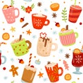 Hot drinks holiday pattern. Coffee and chocolate. Cocoa drink in mug, winter happy new year beverages. Gingerbread and Royalty Free Stock Photo