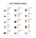 Hot drinks menu. Coffee, tea, hot chocolate and warming drinks ingredients scheme template for cafe vector illustration Royalty Free Stock Photo