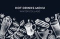 Hot drinks menu design. Mulled wine, coffee, hot chocolate vector sketches. Christmas design template. Winter drinks and spice