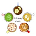 Hot drinks in mugs. Set of illustrations of black and green tea with lemon and chamomile, matcha, cocoa, latte Royalty Free Stock Photo