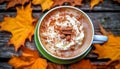 Hot drinks on a rustic table, whipped cream and spice generated by AI