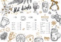 Hot drinks Winter Menu. Design template includes different hand drawn illustrations and Brushpen Lettering. Beverages, drinks Royalty Free Stock Photo