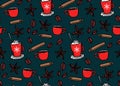 Hot drinks winter pattern. Seamless background with red coffee cups, cinnamon, anise stars and coffee beans. Cozy